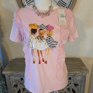 Chic Pink Women's Fashion Graphic And Lace Ruffle Detail Cotton Tee